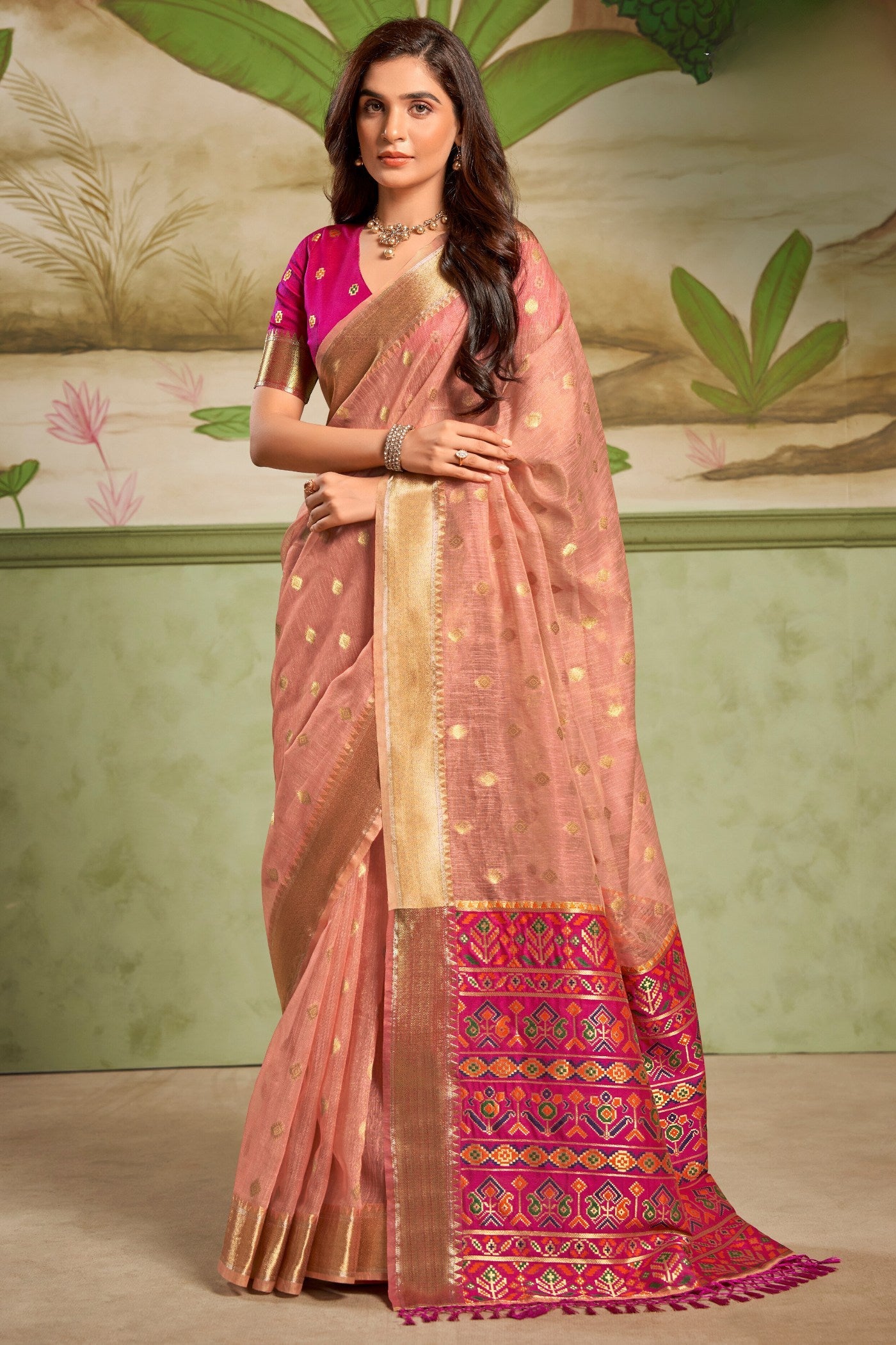 Wax Flower Peach Banarasi Tissue Silk Saree