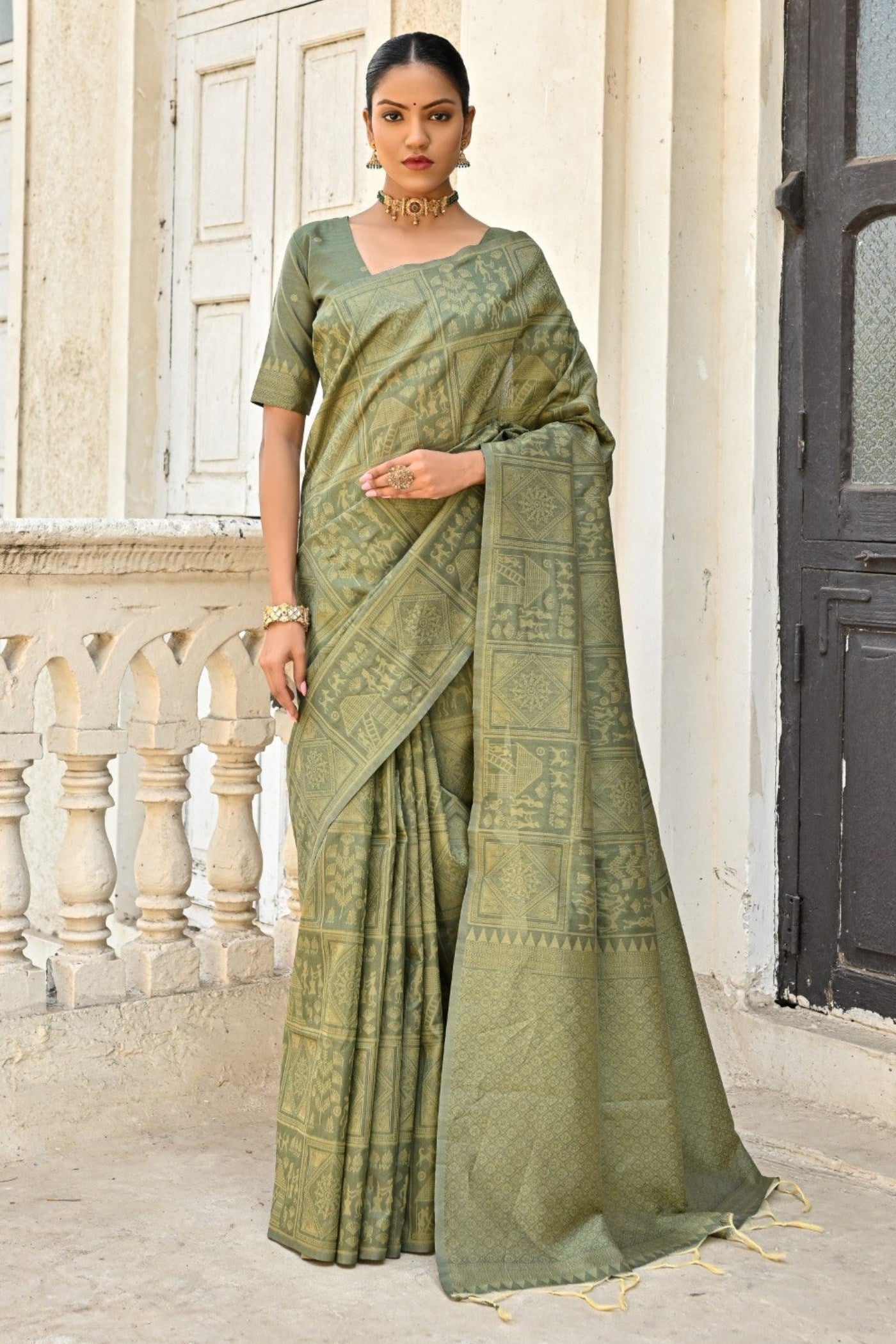 Clay Creek Green Woven Kalamkari Raw Silk Saree