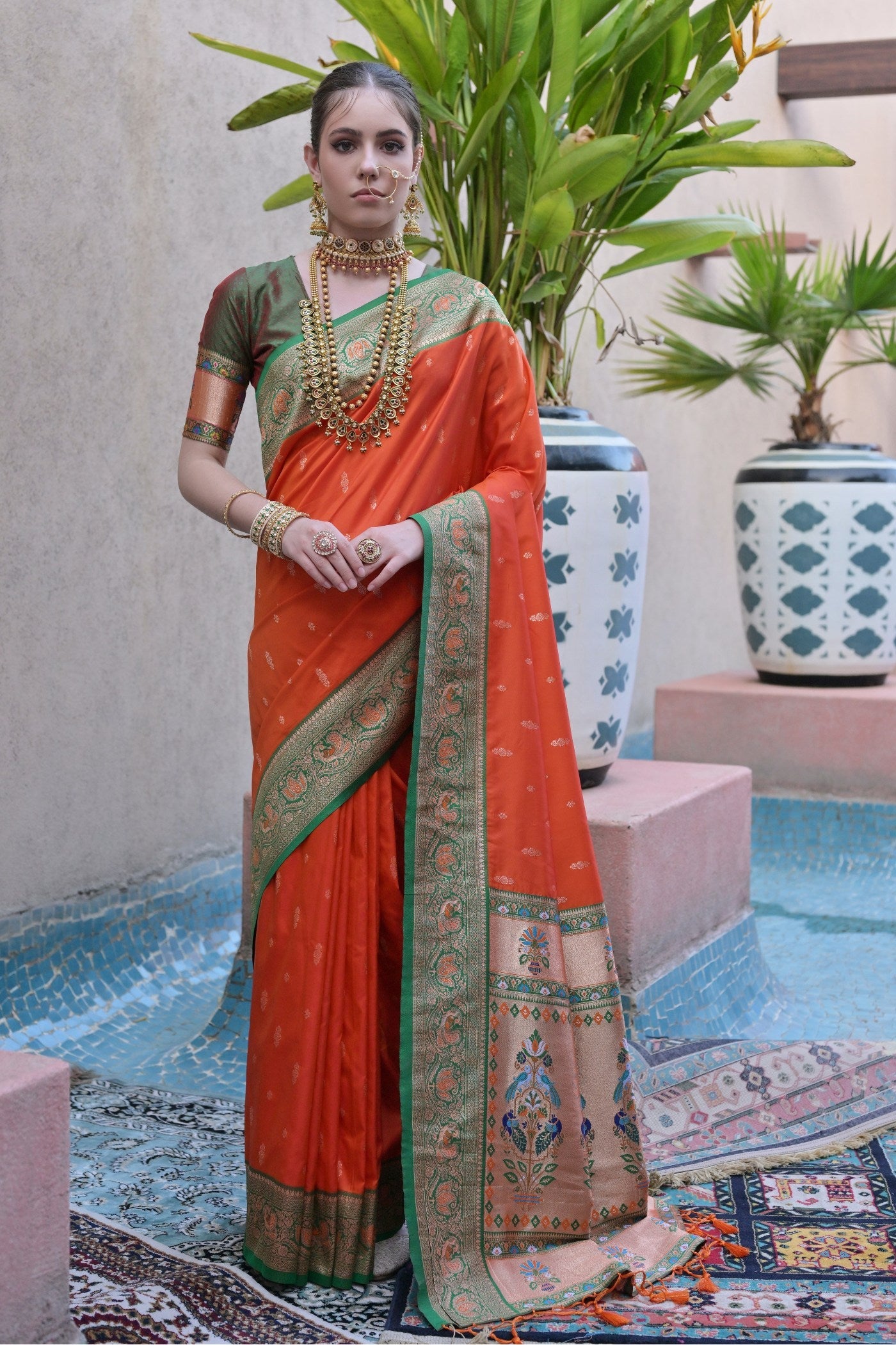 Dark Pupmkin Orange Zari Woven Paithani Saree