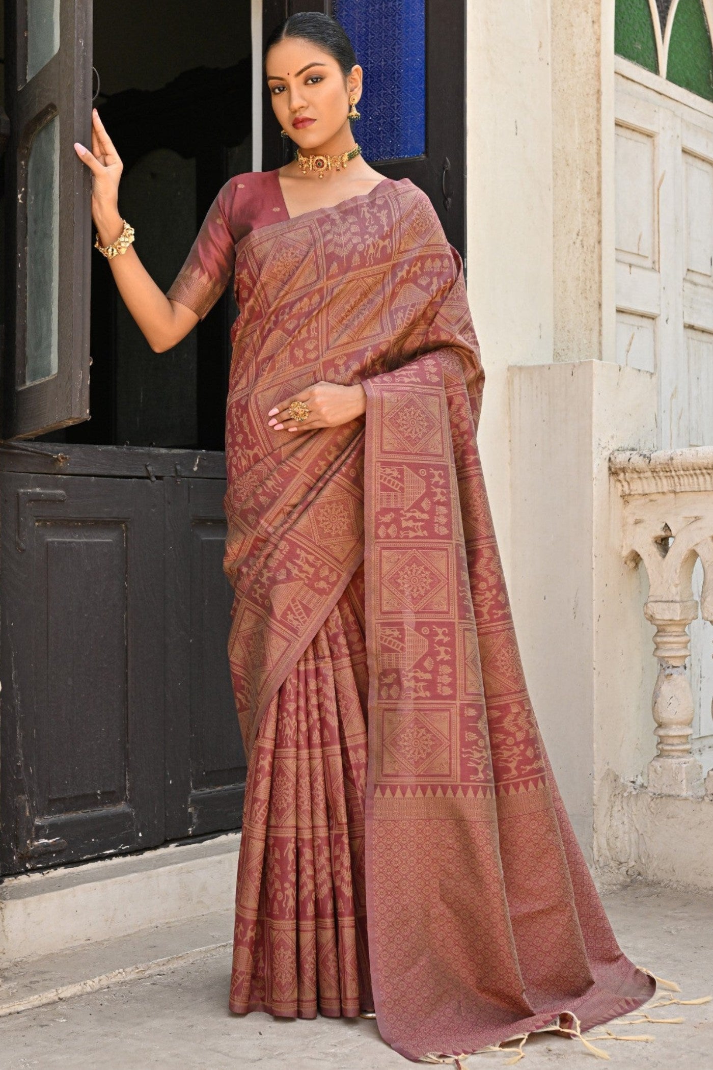 Matrix Brown Woven Kalamkari Raw Silk Saree