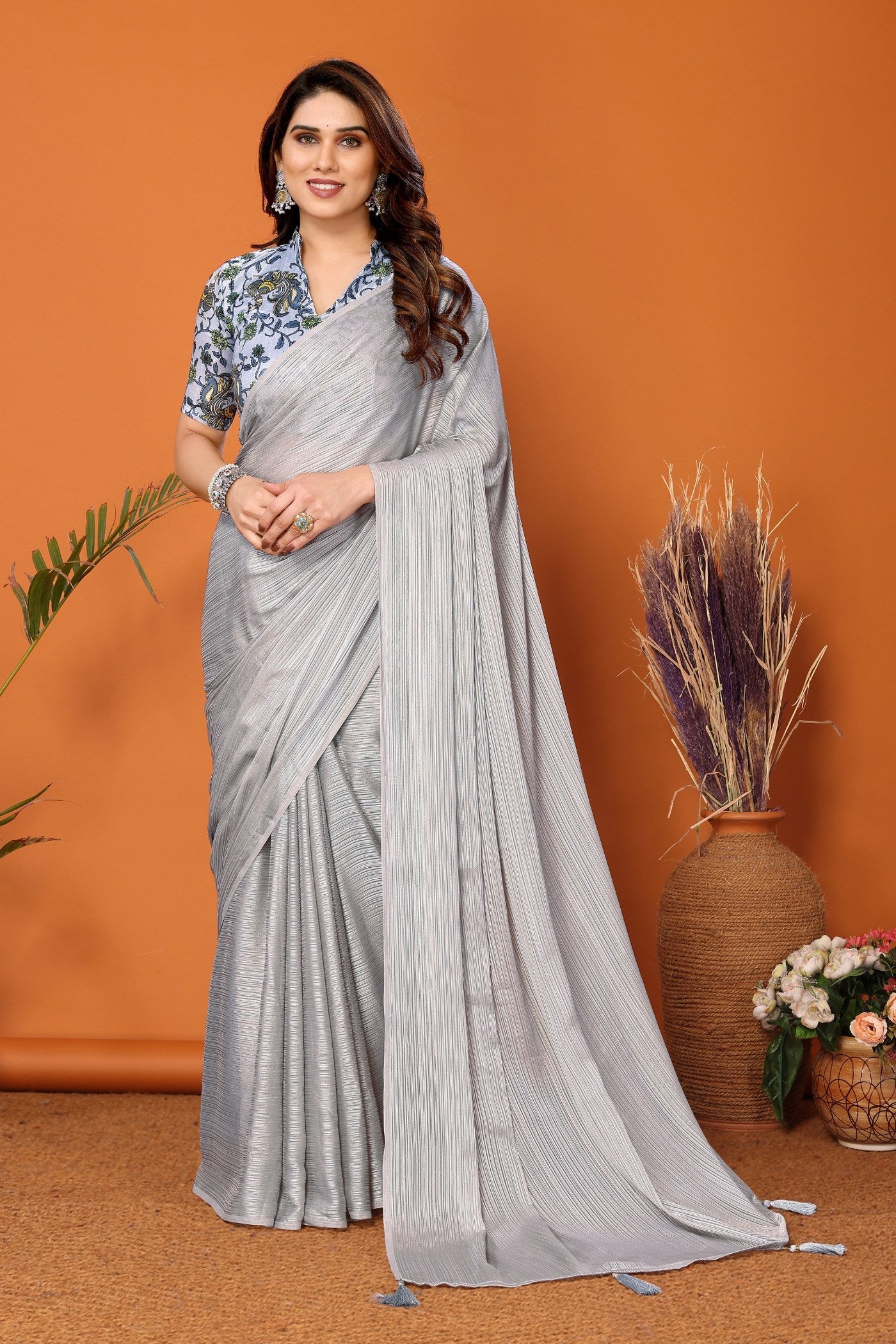 Silver Grey Solid Plain Saree