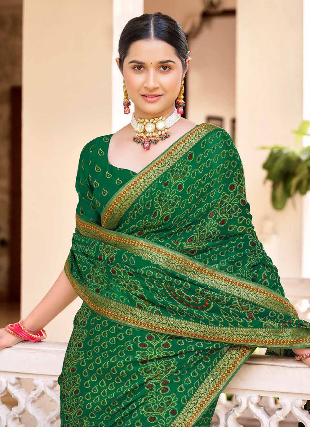 Leaf Green Chiffon Bandhani Saree