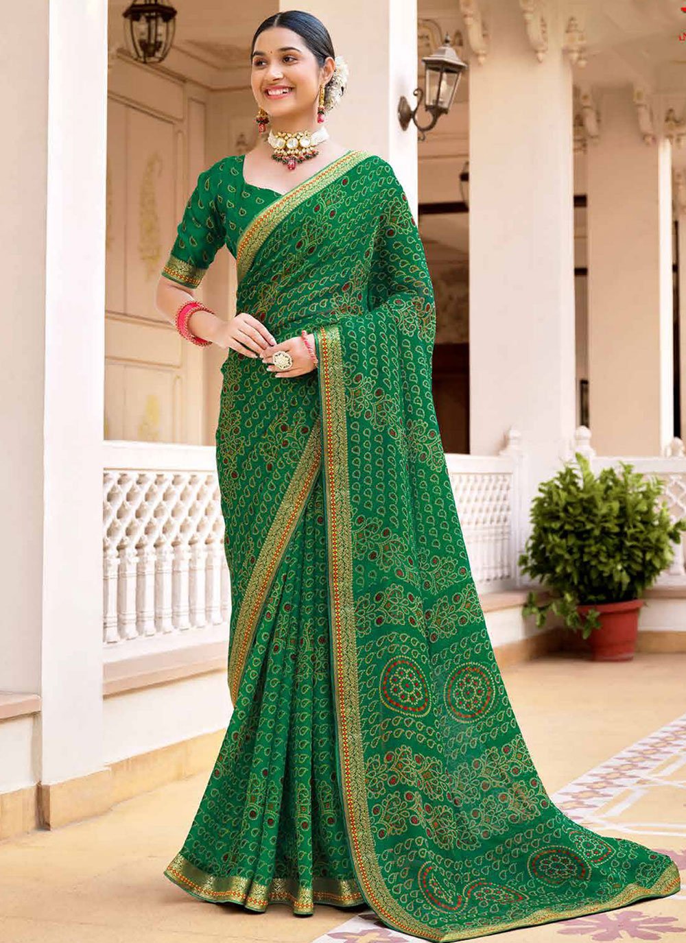 Leaf Green Chiffon Bandhani Saree