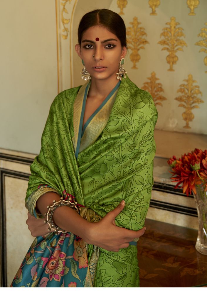 Sycamore Green Printed Kalamakri Silk Saree