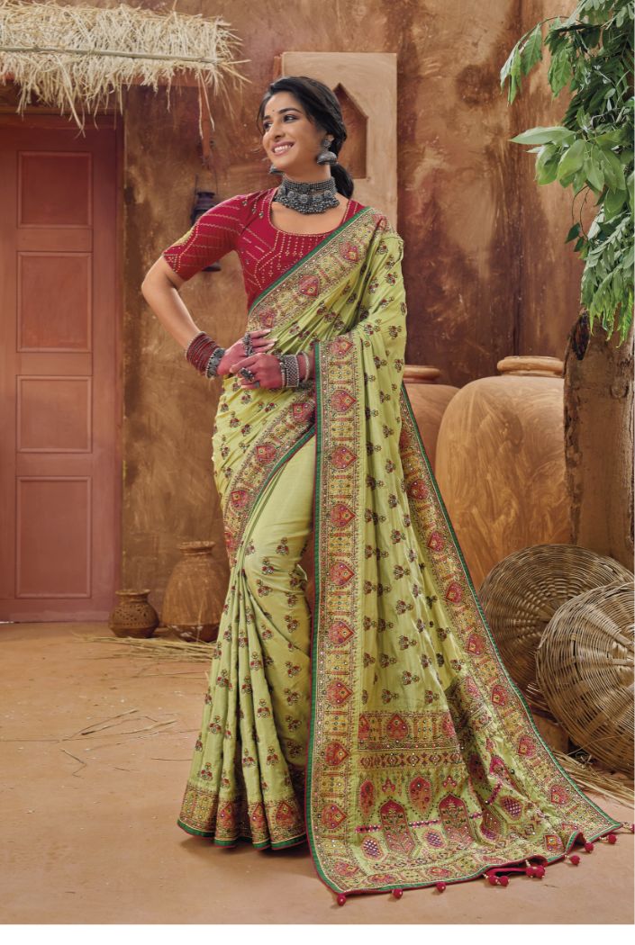 Gold Fusion Green Embroidered Designer Kacchi Work Saree