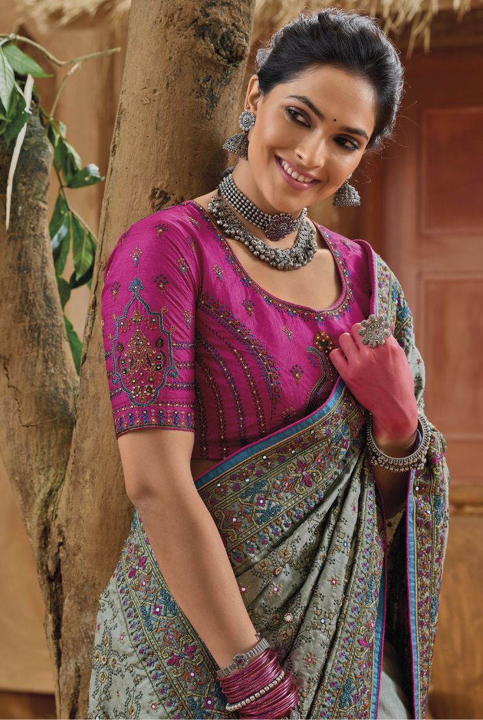 Royal Grey Embroidered Designer Kacchi Work Saree