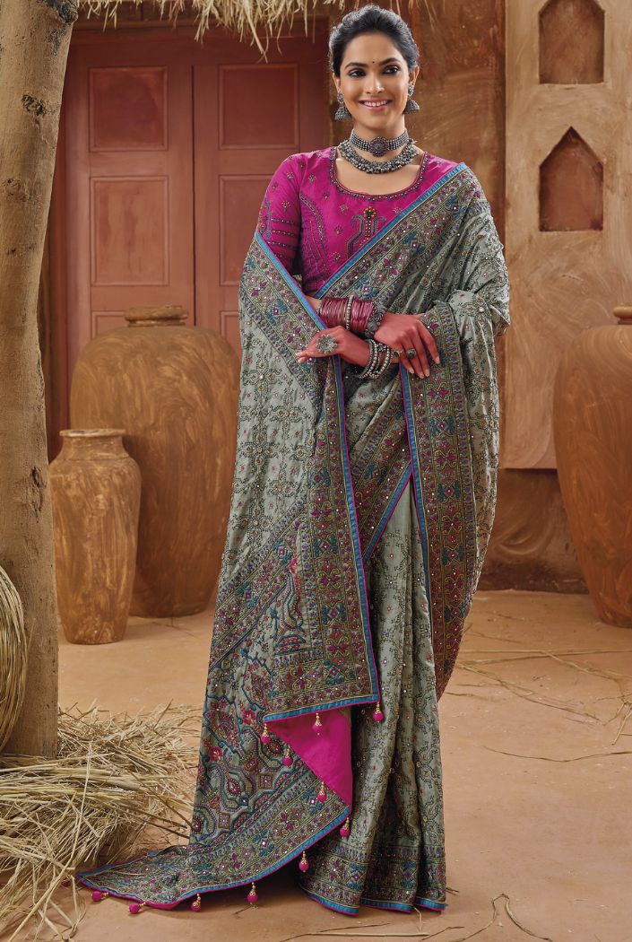 Royal Grey Embroidered Designer Kacchi Work Saree