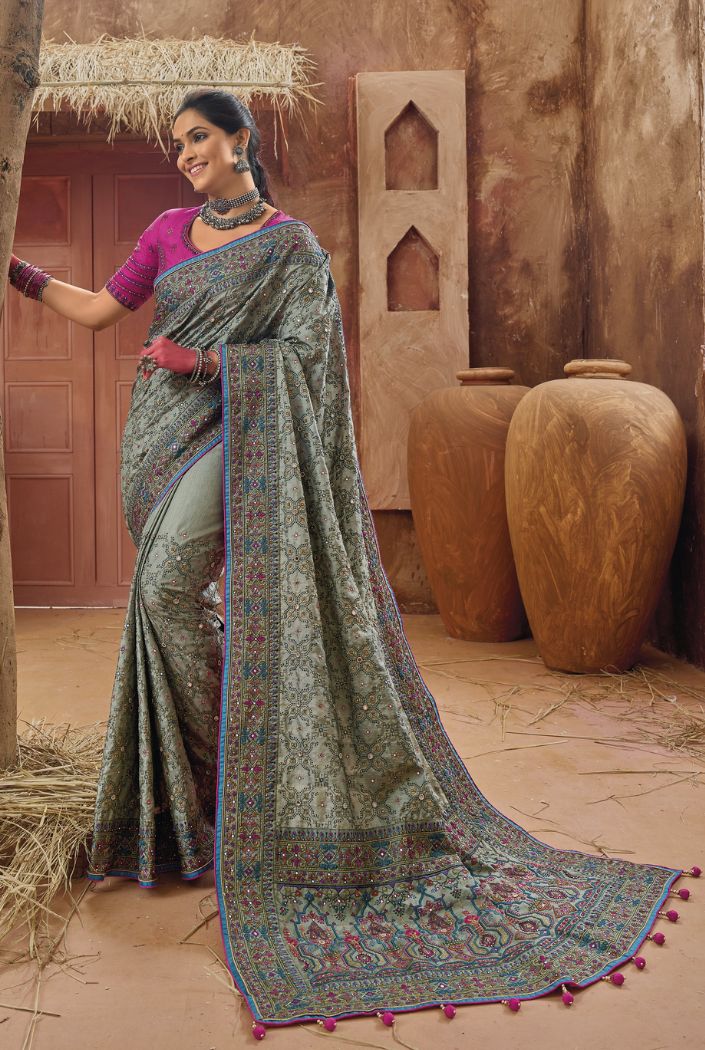 Royal Grey Embroidered Designer Kacchi Work Saree