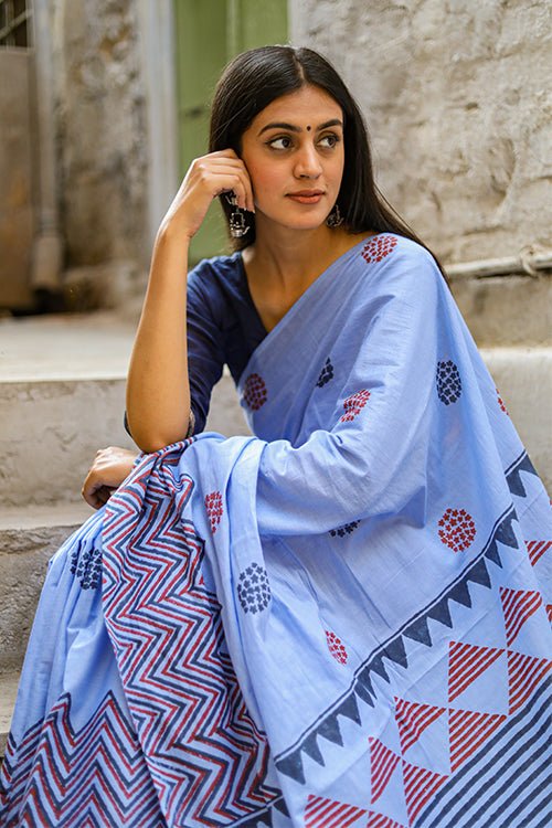 Handblock Print Mulmul Cotton Saree - Mira Fashion