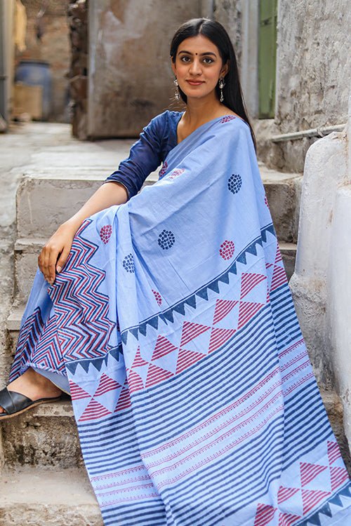 Handblock Print Mulmul Cotton Saree - Mira Fashion