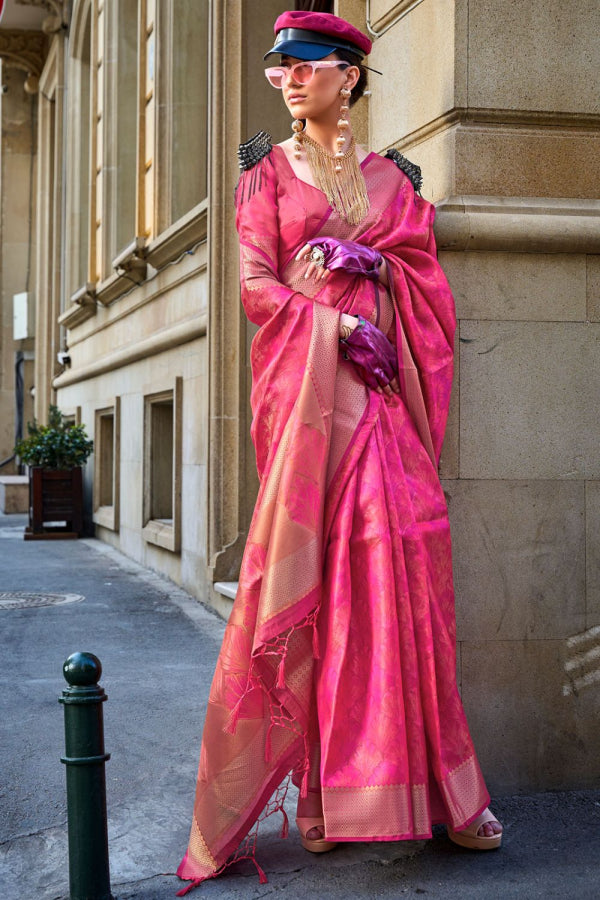 Hot Pink Woven Handloom Organza Saree