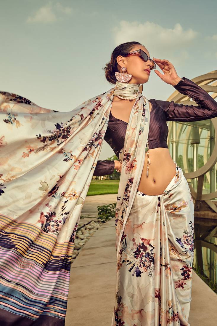 Off White Printed Satin Crepe Saree