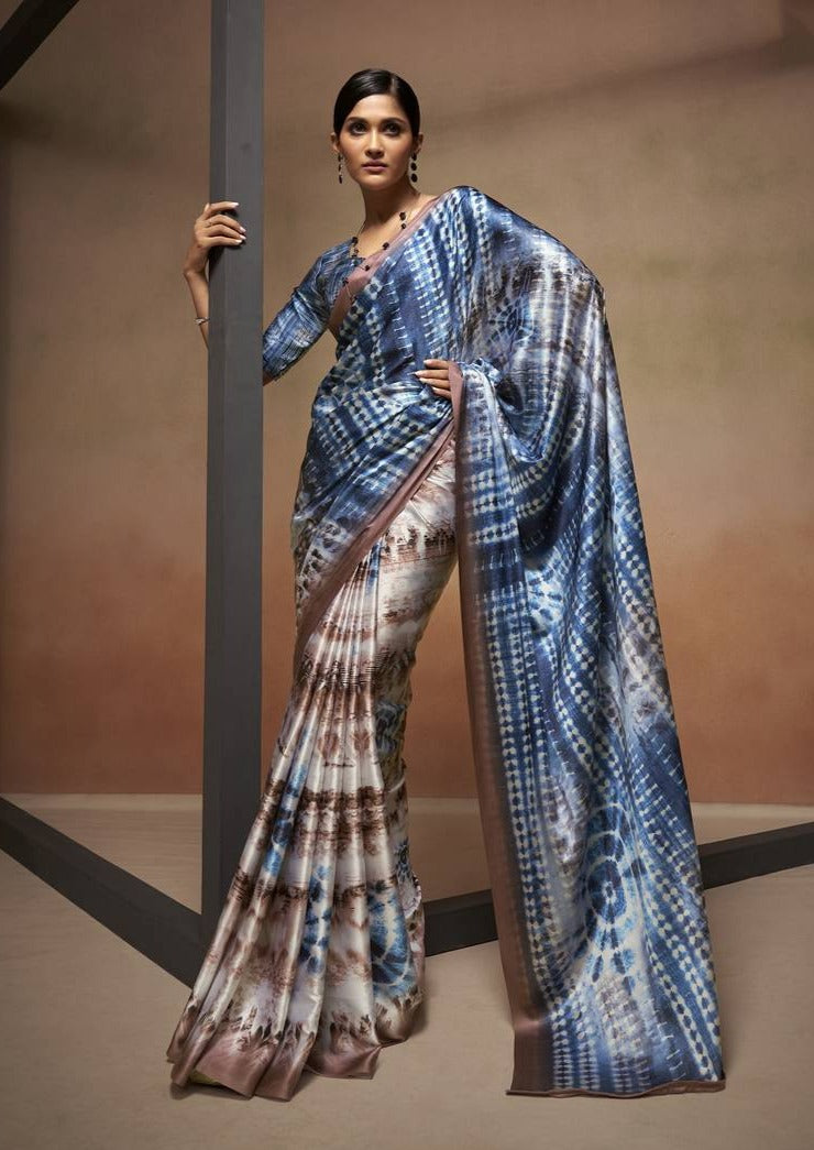 Blue & Cream Satin Saree With Digital Printed Work