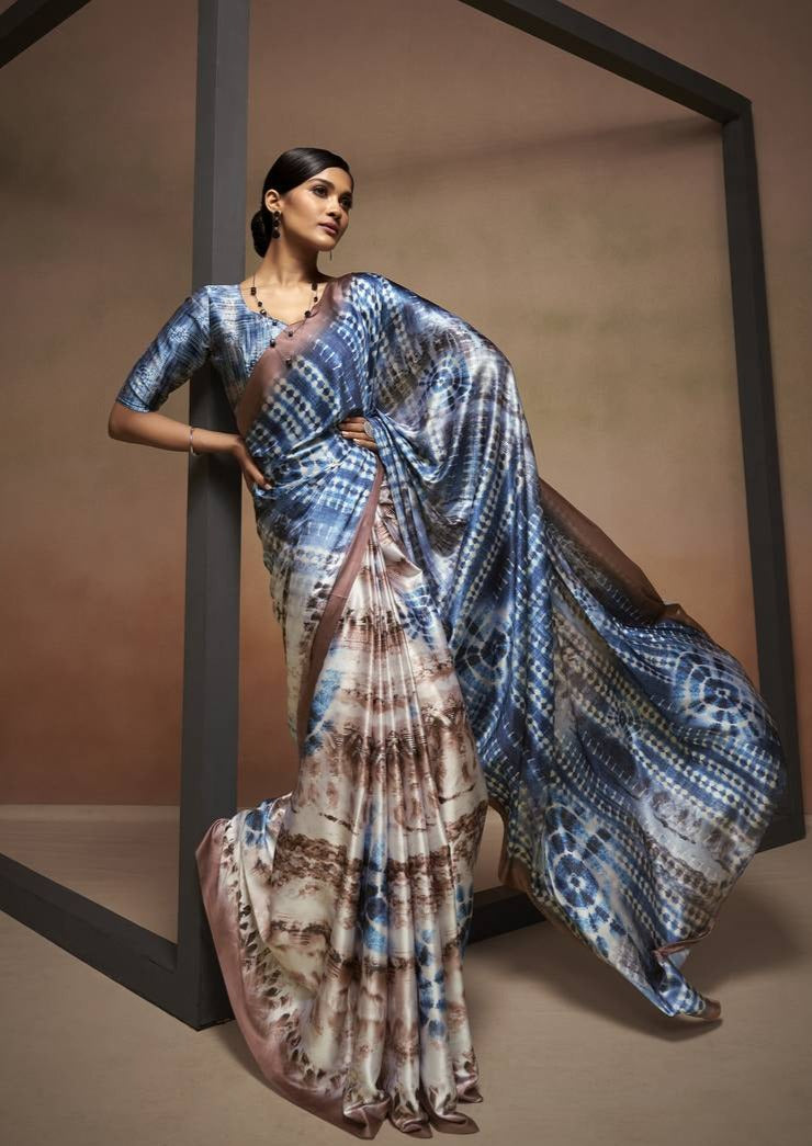 Blue & Cream Satin Saree With Digital Printed Work