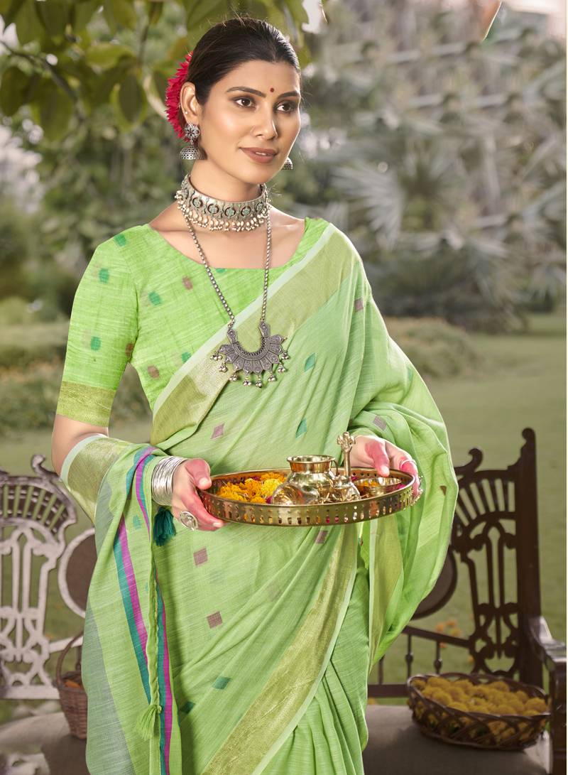 Pista Green Cotton Silk Saree