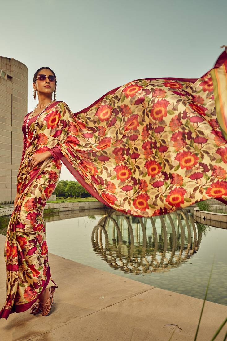 Red Printed Satin Crepe Saree