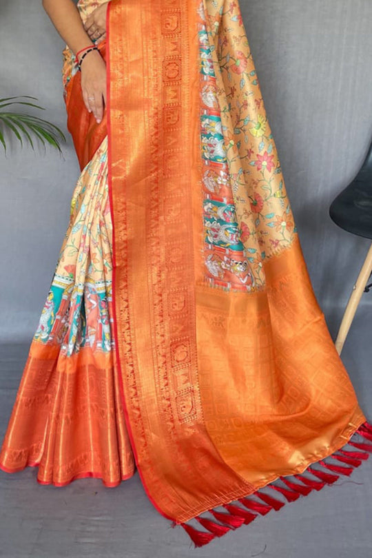 Atomic Tangerine Orange Kalmkari Saree