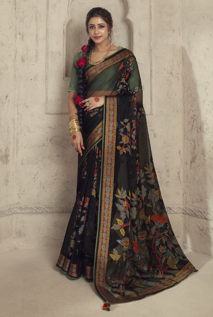 Dark Chilli Green Woven Organza Saree