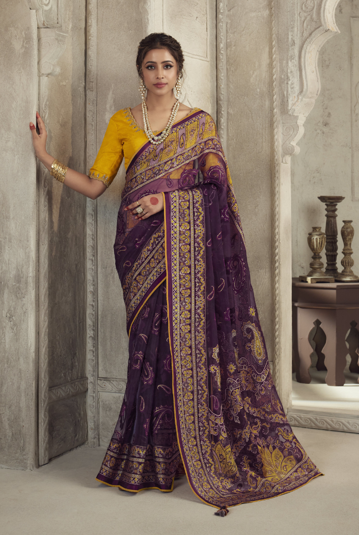 Livid Brown Purple Woven Organza Saree