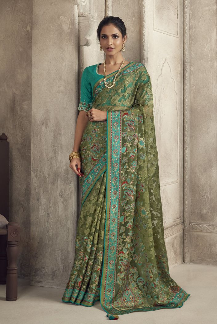 Kelp Green Woven Organza Saree