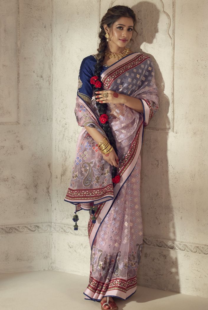 Eunry Pink Woven Organza Saree