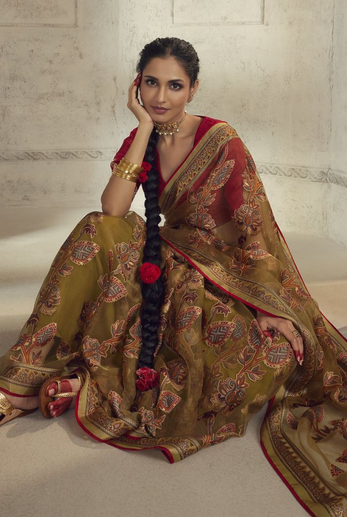 Kumera Brown Woven Organza Saree