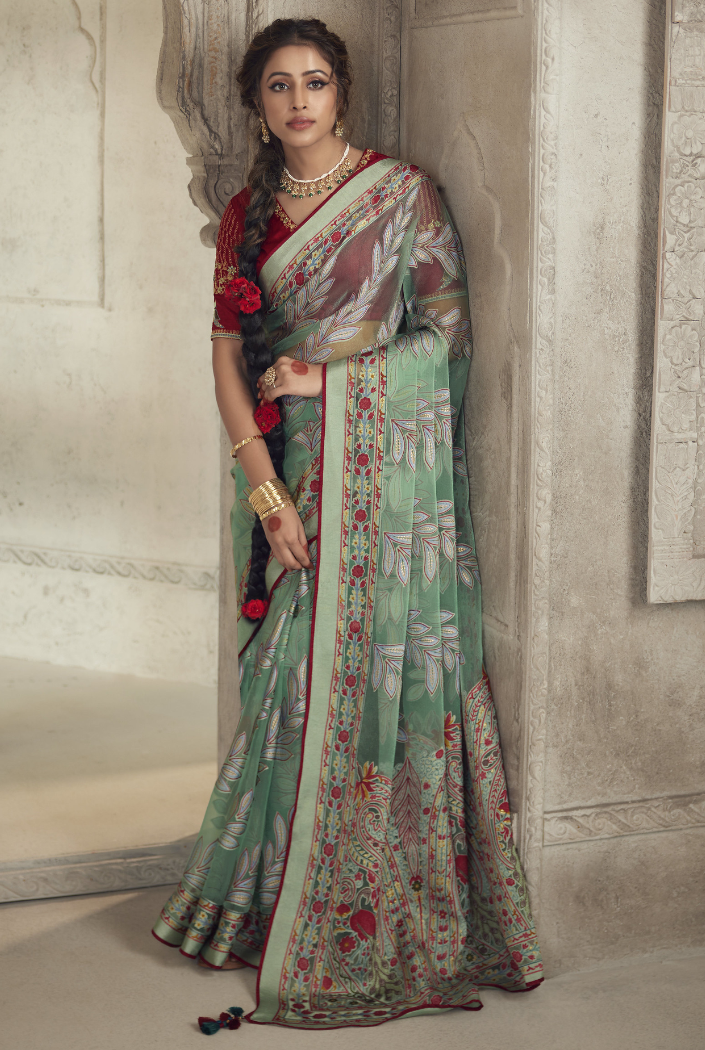 Sage Green Woven Organza Saree