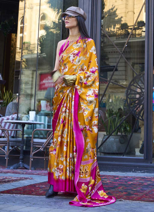 Yellow and Pink Printed Satin Crepe Saree with Modern Contemporary Prints