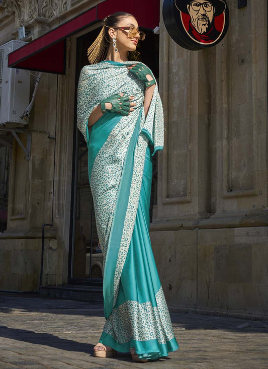 Fountain Blue Printed Satin Crepe Saree with Modern Contemporary Prints