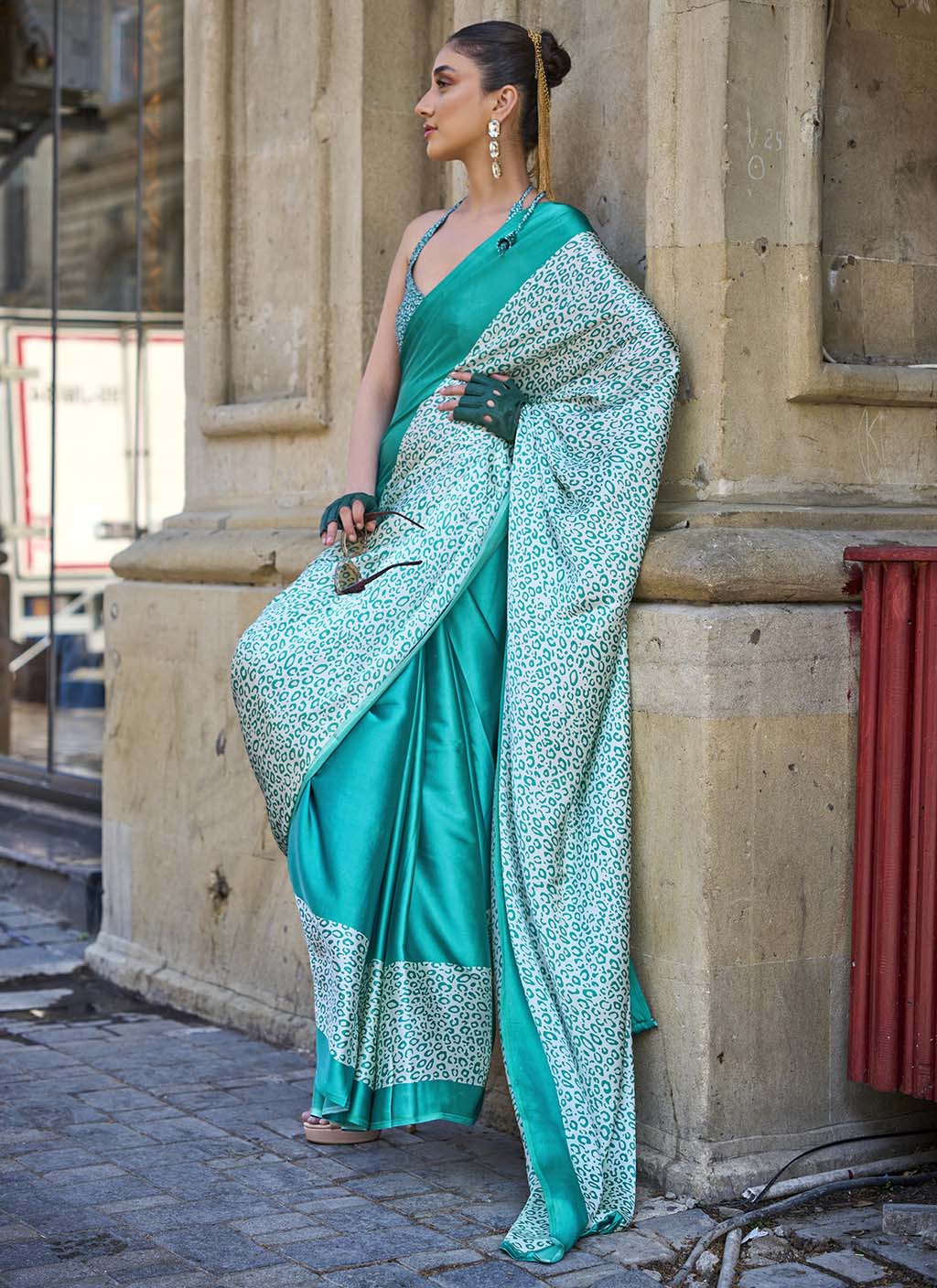 Fountain Blue Printed Satin Crepe Saree with Modern Contemporary Prints