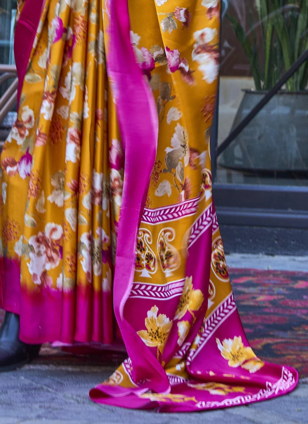 Yellow and Pink Printed Satin Crepe Saree with Modern Contemporary Prints