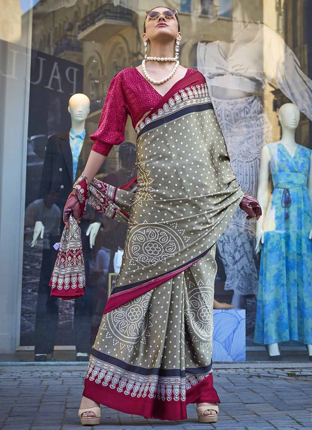 Stone Grey Printed Satin Crepe Saree with Modern Contemporary Prints