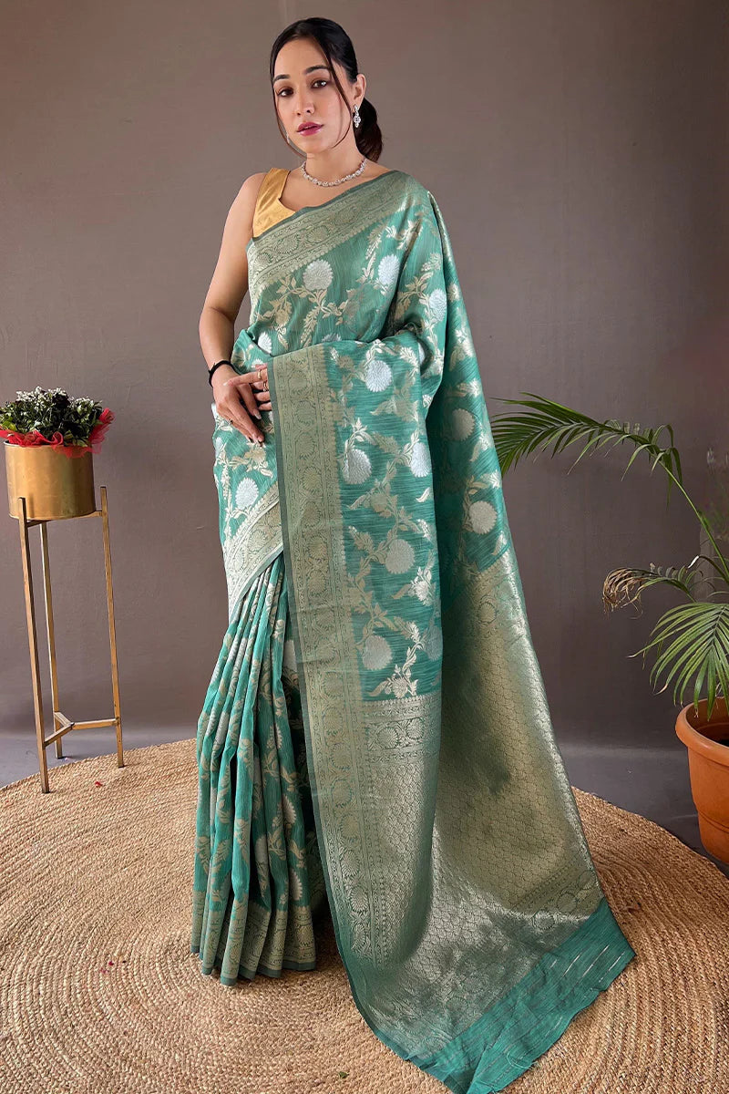 Light Sea Green Color Zari Woven Linen Traditional Saree