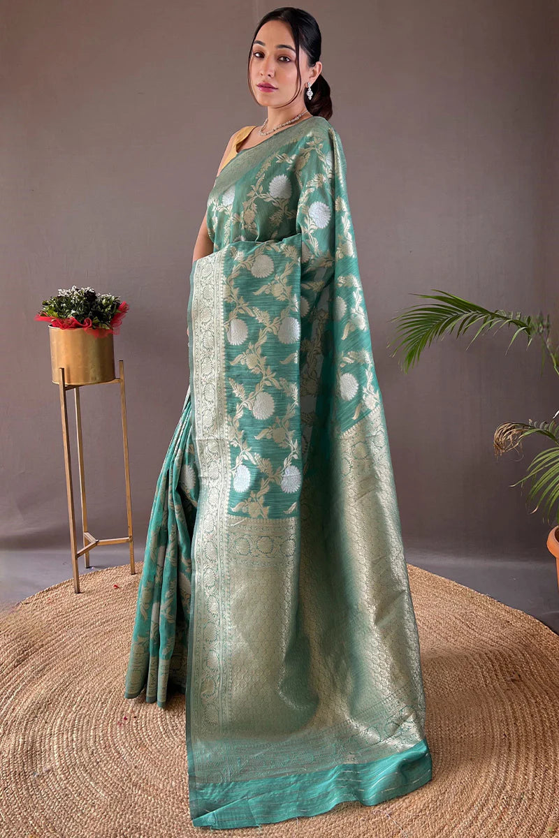 Light Sea Green Color Zari Woven Linen Traditional Saree