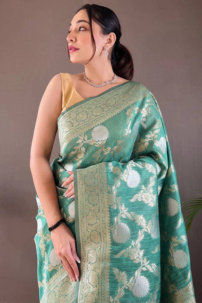 Light Sea Green Color Zari Woven Linen Traditional Saree