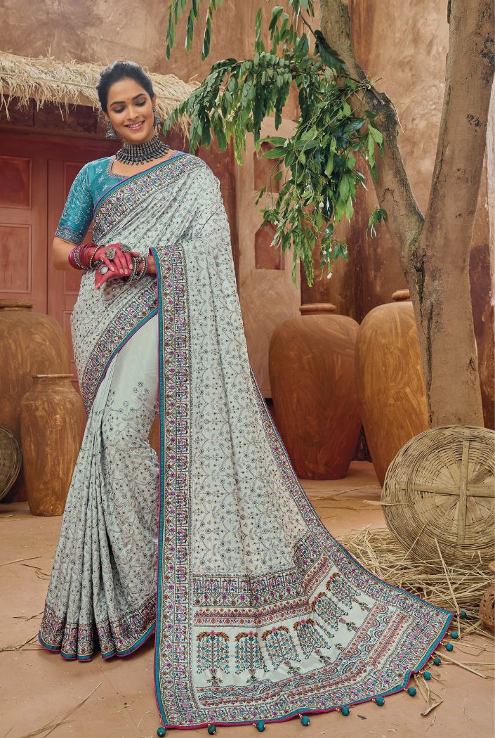 Spanish Blue Embroidered Designer Kacchi Work Saree