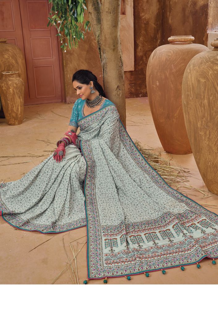 Spanish Blue Embroidered Designer Kacchi Work Saree