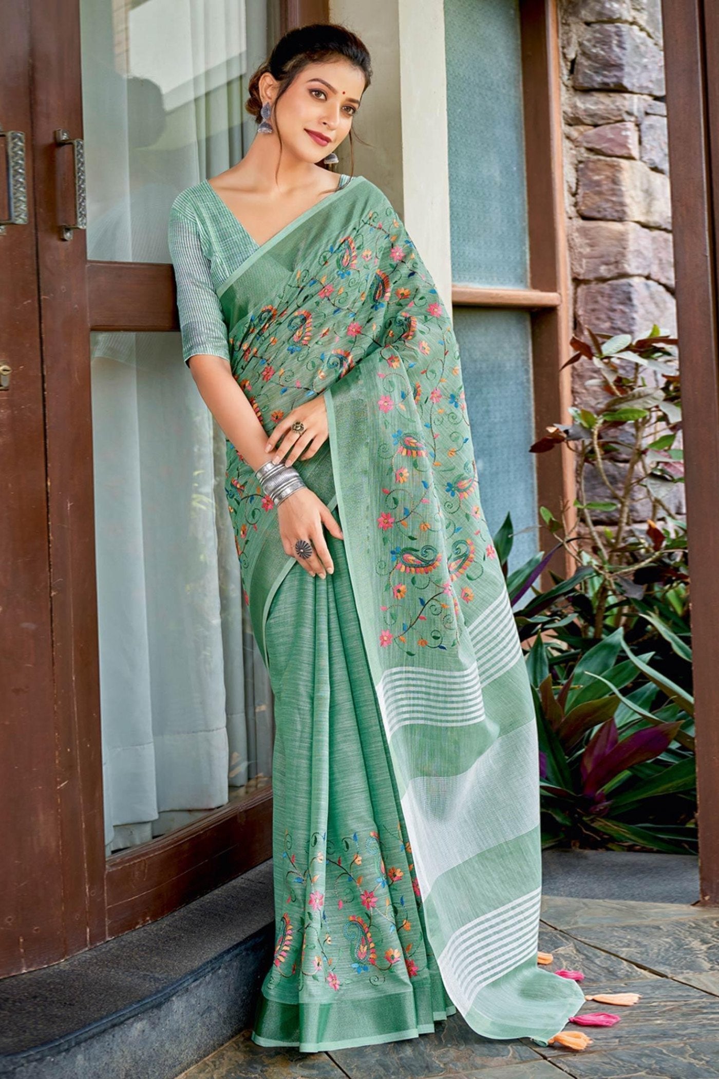 Summer Green Handcrafted Linen Saree