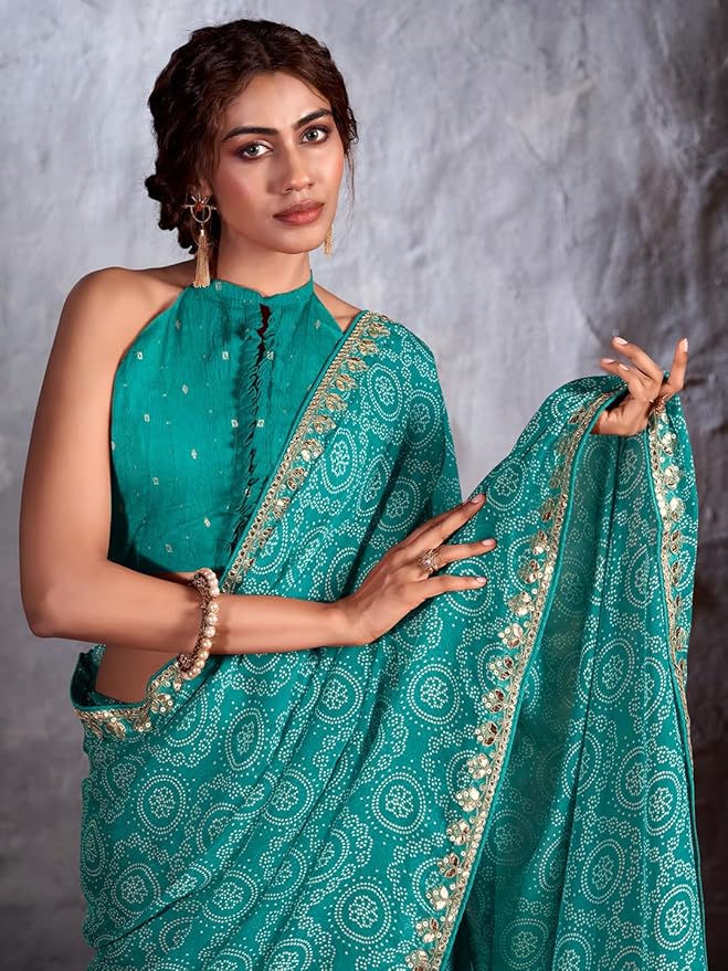 Winter Blue Designer Georgette Bandhani Saree