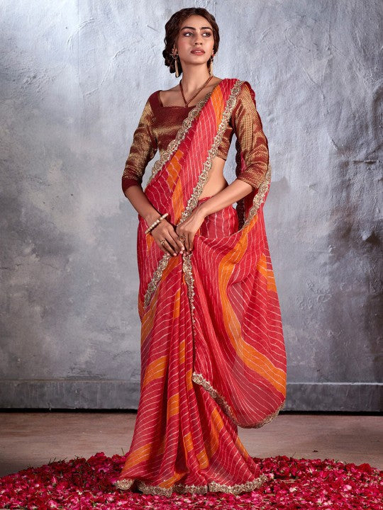 Fire Red Designer Georgette Bandhani Saree