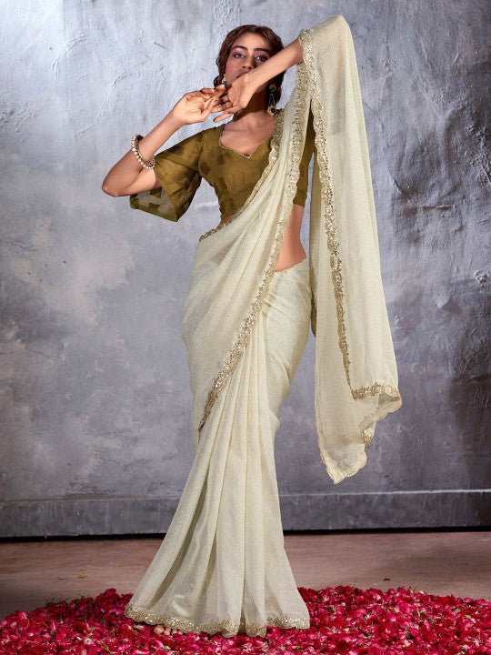 Pearl White Designer Georgette Bandhani Saree