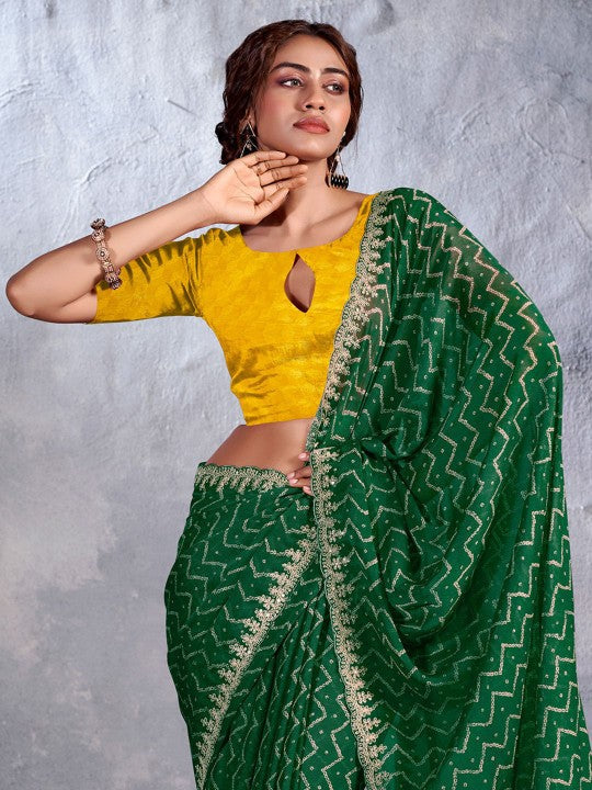 Forest Green Designer Georgette Bandhani Saree