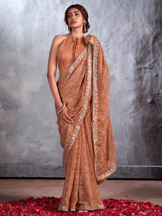 Ironstone Brown Designer Georgette Bandhani Saree