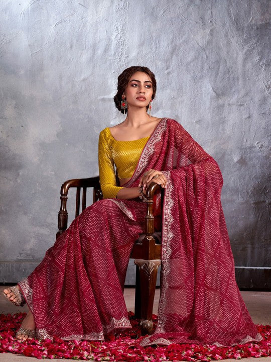 Tosca Maroon Designer Georgette Bandhani Saree