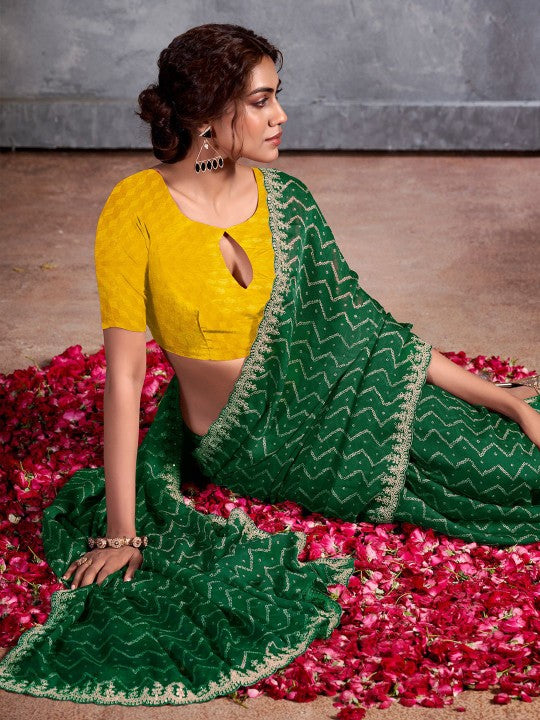 Forest Green Designer Georgette Bandhani Saree