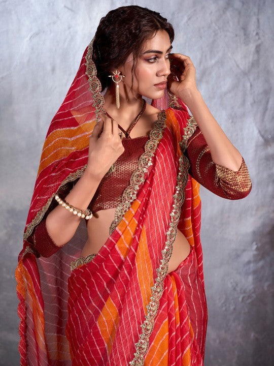 Fire Red Designer Georgette Bandhani Saree