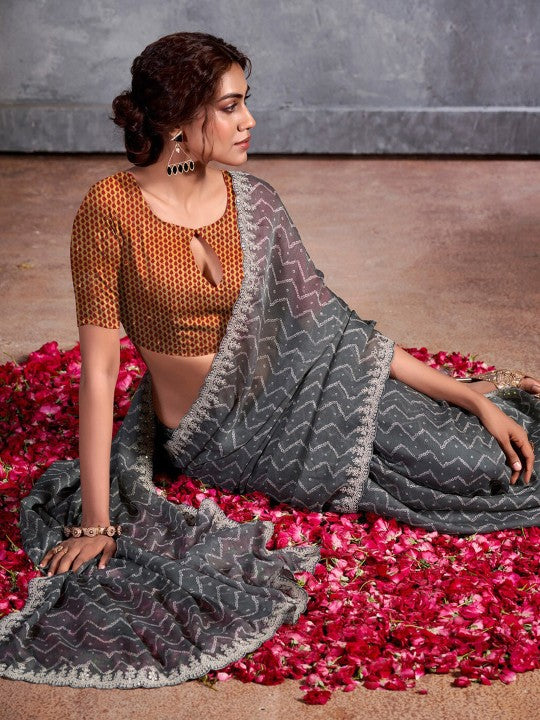 Stone Grey Designer Georgette Bandhani Saree