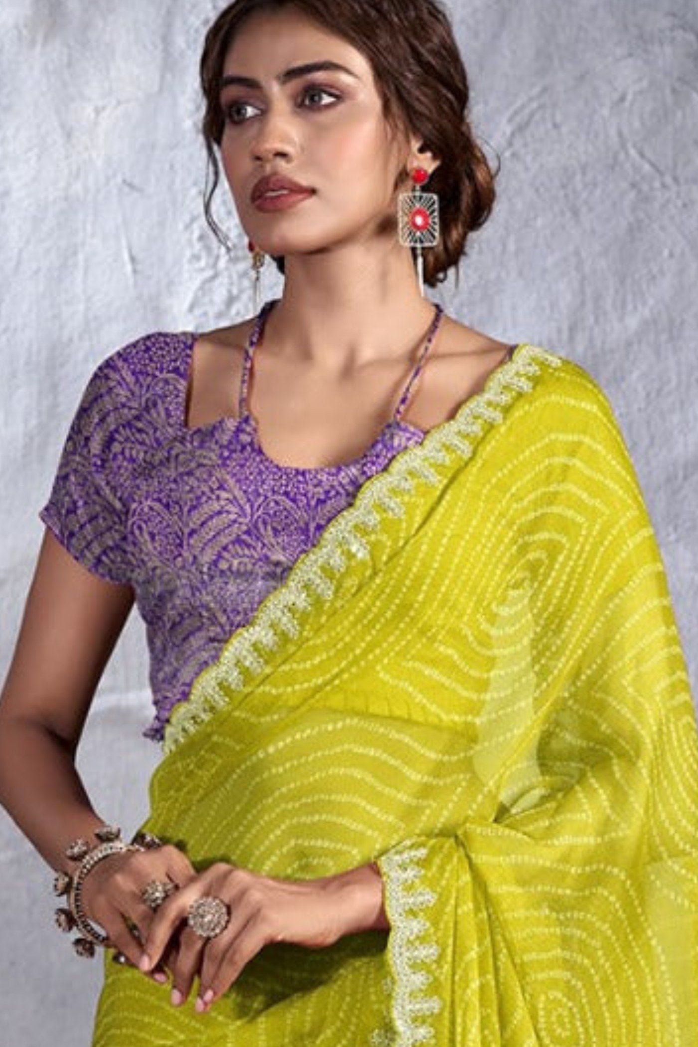 Neon Yellow Designer Georgette Bandhani Saree