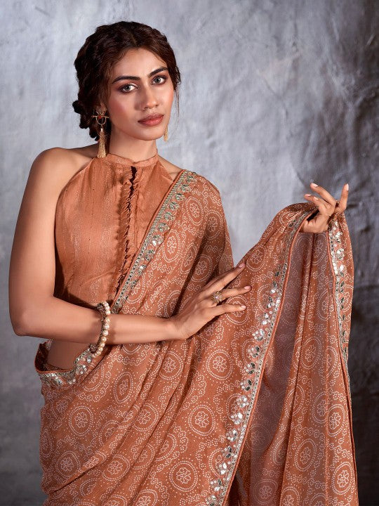 Ironstone Brown Designer Georgette Bandhani Saree