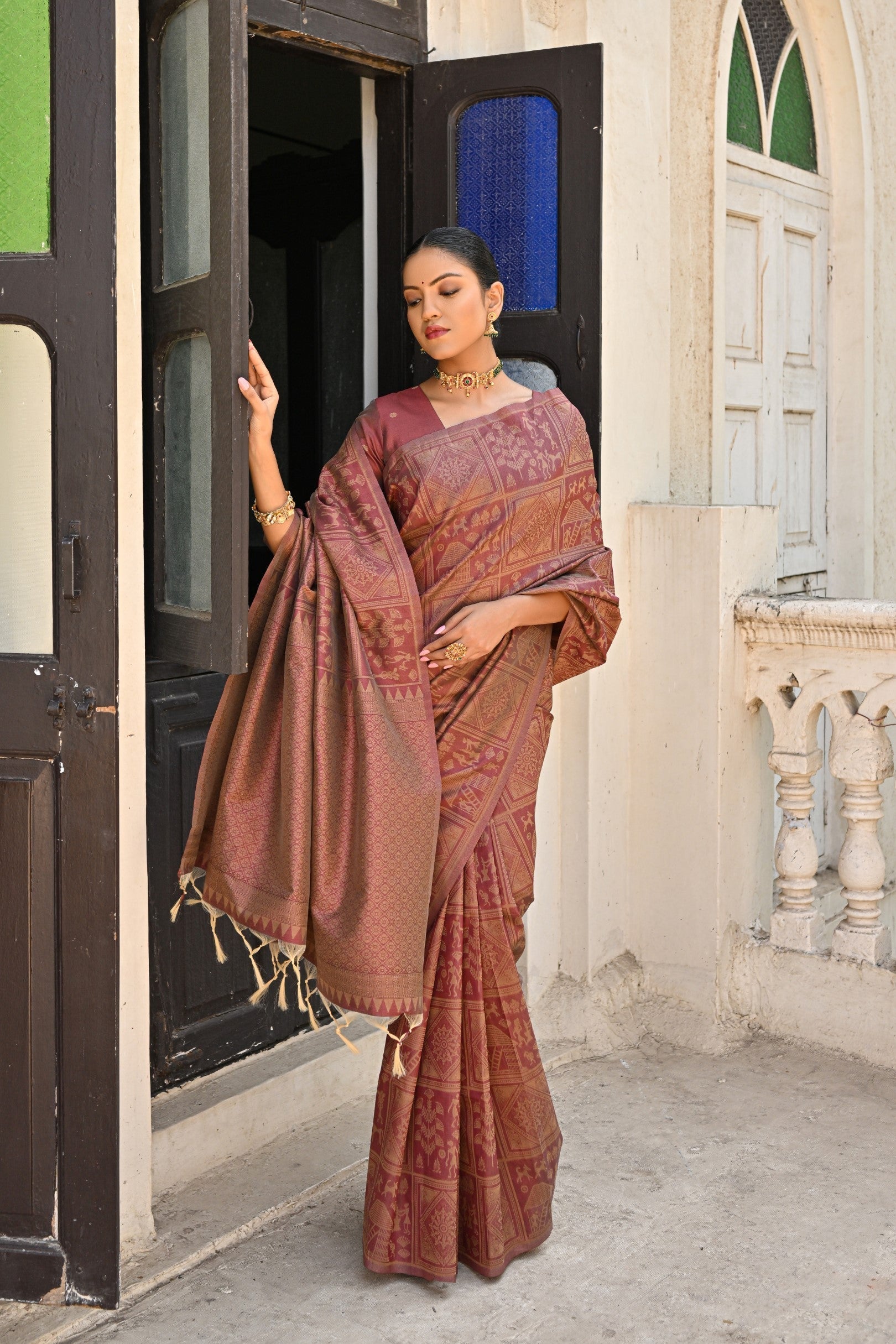 Matrix Brown Woven Kalamkari Raw Silk Saree